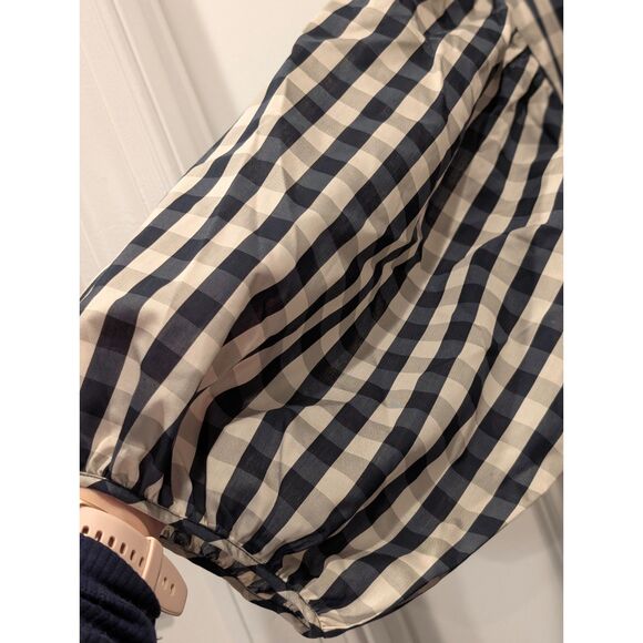 & Other Stories Gingham Tiered Mini Dress Puff Sleeve Navy Beige Large - Picture 6 of 6
